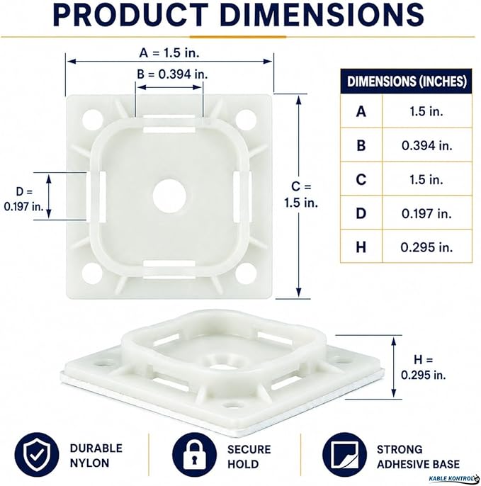 Kable Kontrol Zip Tie Mounts, 1-1/2” Sq, Natural White, 100 Pcs, Adhesive Backed Multi-Purpose Mounting Squares Nylon Cable Tie Wrap Anchor Pads for Cable Management