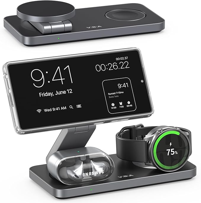 3 in 1 Foldable Magnetic Wireless Charging Station for Samsung, Wireless Charger Stand for Galaxy S26 Ultra S25/S24 /Note 20/Flip 7/Fold 7, for Galaxy Watch Ultra/8/7/6,Galaxy Buds 3/3 Pro