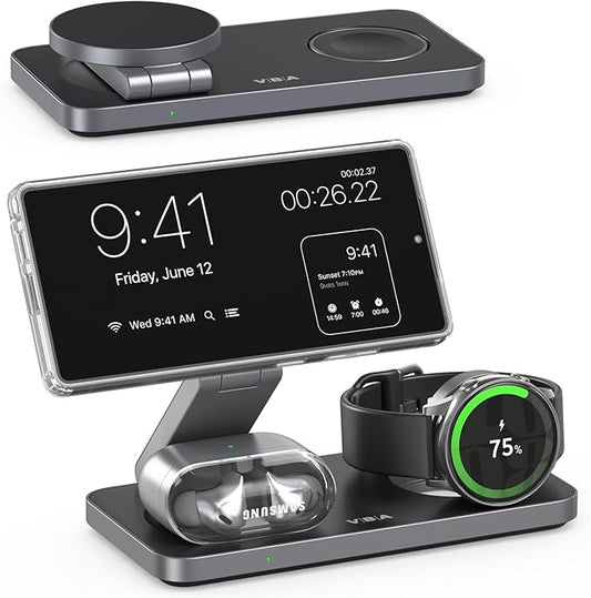 3 in 1 Foldable Magnetic Wireless Charging Station for Samsung, Wireless Charger Stand for Galaxy S26 Ultra S25/S24 /Note 20/Flip 7/Fold 7, for Galaxy Watch Ultra/8/7/6,Galaxy Buds 3/3 Pro