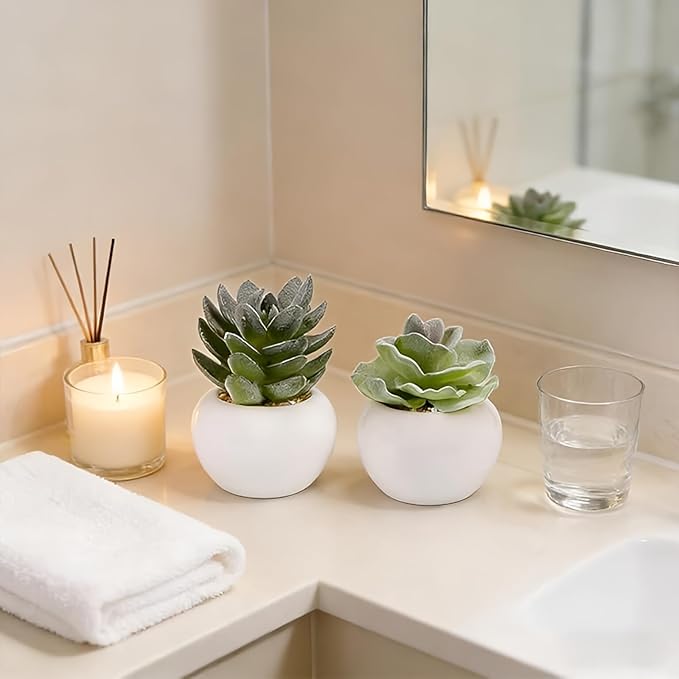 GREENTIME 6 Pcs Mini Artificial Succulents Plants in Ceramic Pots Small Fake Succulent Faux Plant Graduation Decoration Indoor Bedroom Desk Bathroom Office Living Room Table Shelf Teacher Appreciation