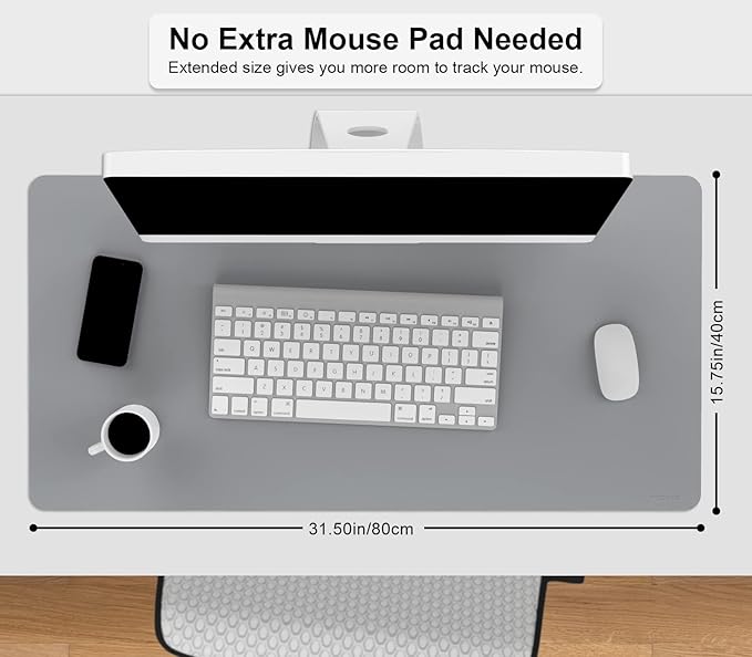 MoKo Desk Mat, Dual-Sided Office Desk Pad Waterproof, Large Protector Mouse Pad for Keyboard and Mouse, Leather Desk Writing Pad Large for Office/Home/Decor, 31.5''x15.7', Light Gray+Silver