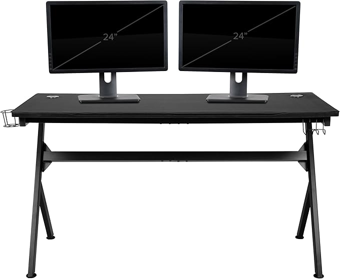 EMMA + OLIVER Black/Orange Gaming Desk Bundle - Cup & Headphone Holders/Mouse Pad Top