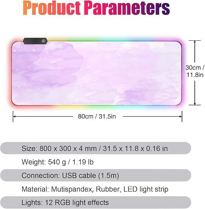 RGB Large Gaming Mouse Pad, Extended Mouse Pad with 12 Lighting Effects, Water Proof Mutispandex Surface, Non-Slip Rubber Base, 80x30 cm / 31.5×11.8 in (Purple Nebula)