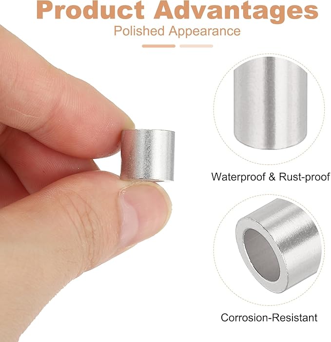 uxcell 1/4"(6mm) Aluminum Crimping Loop Sleeve, Wire Rope Stop Sleeve Round Crimp Ferrules for Wire Rope and Cable Ferrule, Silver 50Pcs