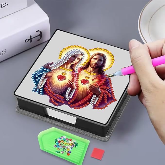 FRANDEK Jesus and Our Lady Creative Diamond Art Desk Organizer, DIY PU Note Box with 160 Sheets, All-in-One Gift Set for Craft Lovers, Elegant Mosaic Kits for Home & Office