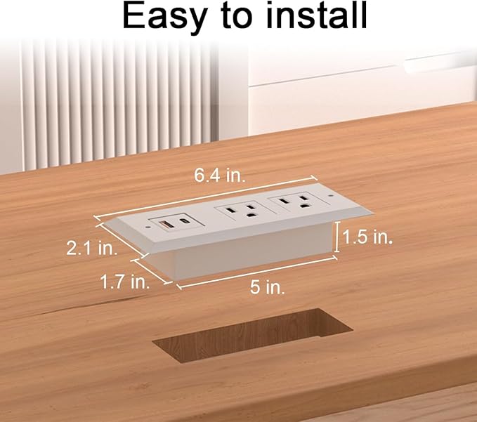 Recessed Power Strip - 2 Pack,20W USB C Fast Charging Station,18W QC3.0 USB-A,Flush Mount Desktop Power Strip with USB Ports,for Sofa Nightstand Counter,Flat Plug,6.5 ft Cord,White