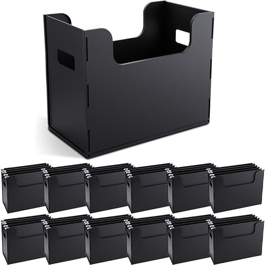 12 Pcs Portable Desktop File, Side Handles, Filing Organizer, Hanging File Folders, Letter Size for Schools Office Home (Black)