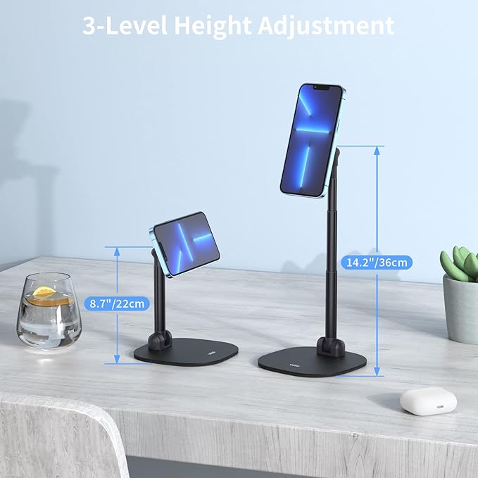 VRIG Magnetic Desk Phone Stand for Office/Home, 360°Rotation Phone Holder with Magnetic Ring Height&Tilt, Adjustable Cell Phone Stand for iPhone 17 16 15 14 13 12 and More/Android