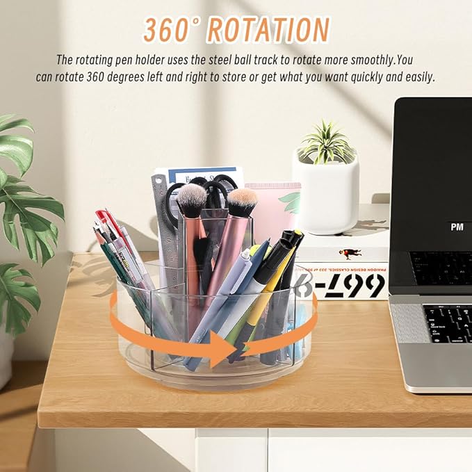 HONUTIGE Acrylic Desk Organizer Clear, 360 Degree Rotating Pen Organizer Large Pen Holder with Mini Paper Clips Stationery Supplies Marker Holder Art Supply Storage Organizer 5 Compartments