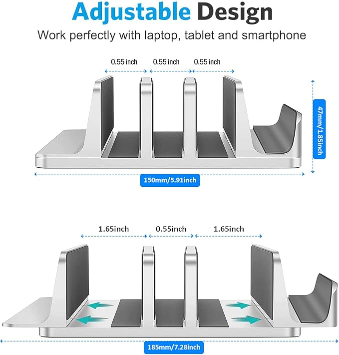 Vertical Laptop Stand Holder - 3 Slot Adjustable Dock, Space-Saving Laptop Holder for Computer, Tablet, Phone