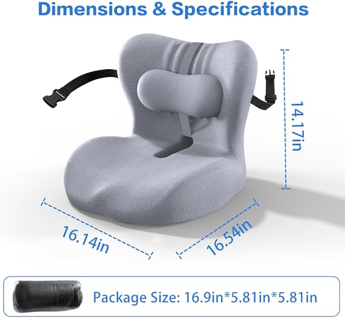 Adjustable Seat Cushion & Lumbar Support Pillow Set for Office Chair, Ergonomic Pillow for Sciatica Pain Relief, Memory Foam Back Support Pillow & Chair Cushion for Car seat, Desk Chair (grey)