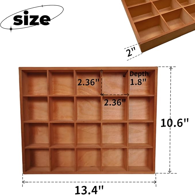 1 Pcs 13.4''x10.6''x2'' Wooden Storage Divider Box Showcase Display Box Organization Tray Display Holder with 20 Compartments for Home Craft Office Kitchen Storage (Vintage Color)