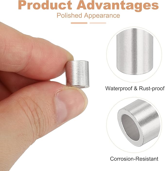 uxcell 3/16"(5mm) Aluminum Crimping Loop Sleeve, Wire Rope Stop Sleeve Round Crimp Ferrules for Wire Rope and Cable Ferrule, Silver 50Pcs