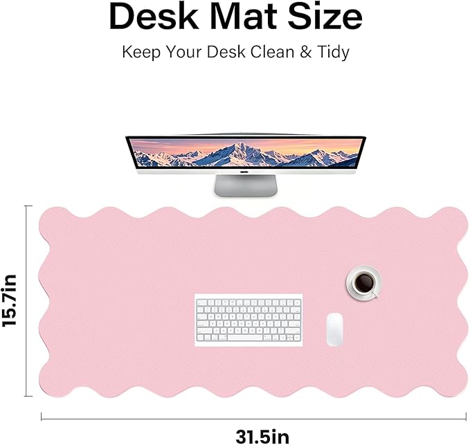 Scalloped Pink Desk Mat, 31.5" x 15.7" Waterproof Large Desk Mat, Non-Slip Computer Mouse Pad and Keyboard Mat, Pink Cute Desk Mat for Office, Work, Home, or Vanity