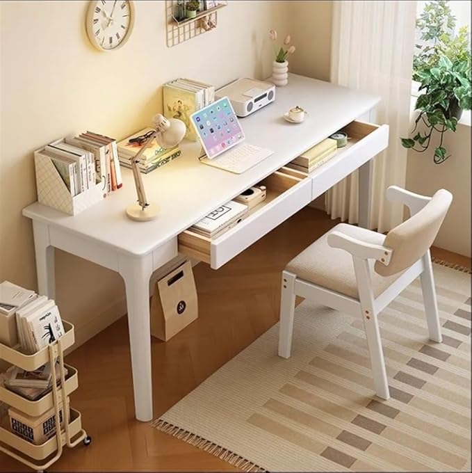Computer Desk, Home Office Modern Desk and Chair Set, Wood Writing Desk, Executive Desk, Wooden Writing Desk Study Table, Home Office Study Desk(White,120CM-47.2IN)
