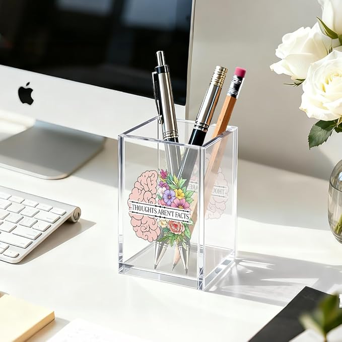 Thoughts Aren't Facts Acrylic Cosmetic Organizer Pen Holder, CBT Cognitive Behavioral Desk Storage Holder for Pen, Mental Health Recovery Gifts for Coworker, Therapy Office Gifts for Leader