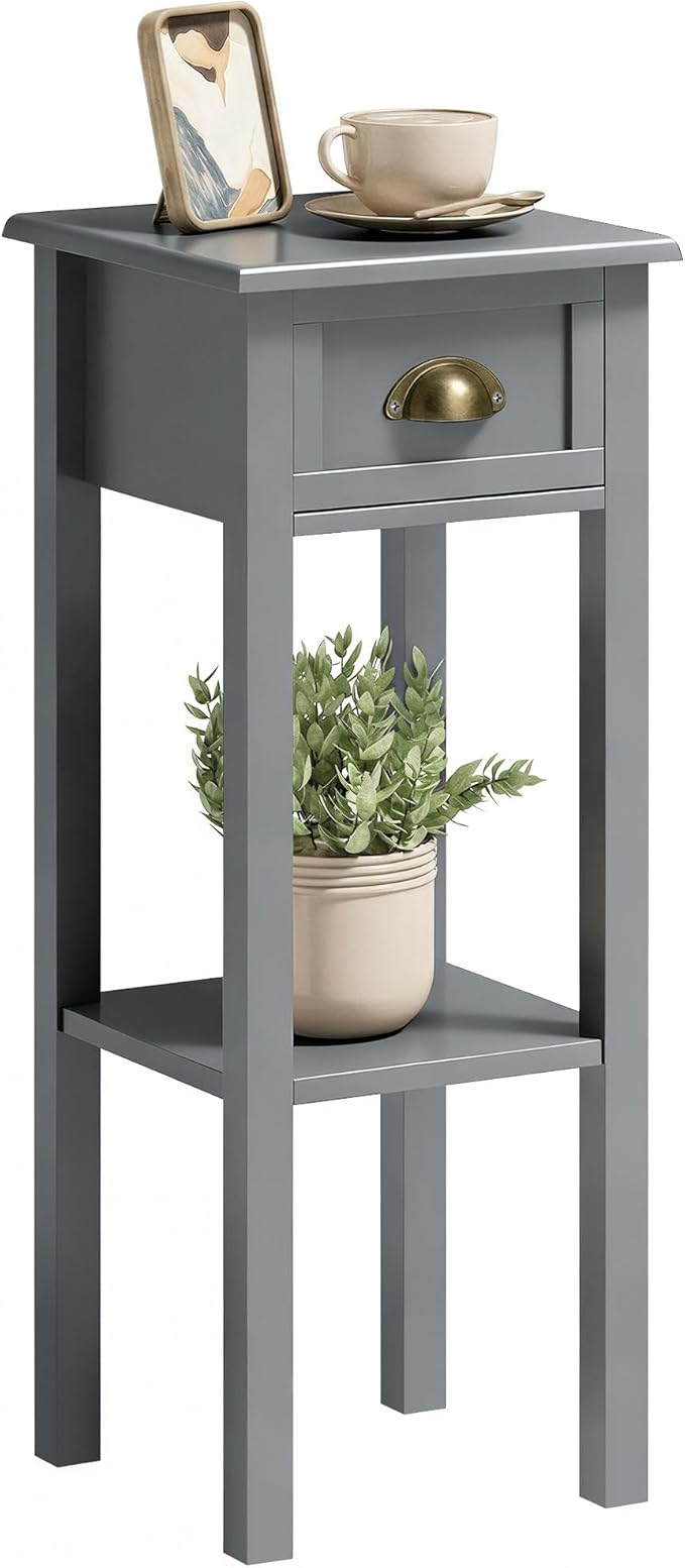 HOMCOM Narrow End Table with Drawer and Bottom Shelf, Slim Side Table for Small Spaces, Skinny Modern Accent Desk for Living Room, Set of 1, Gray