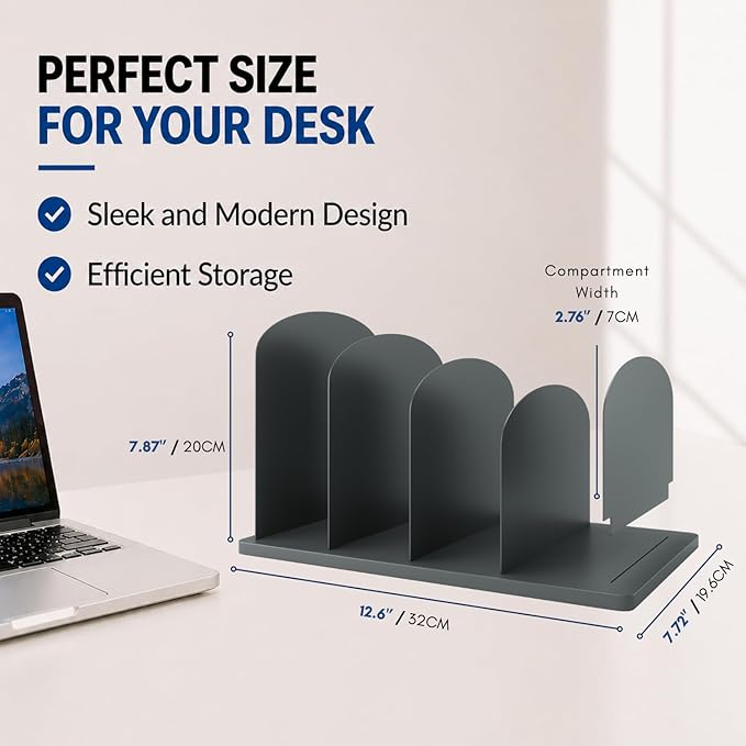 CraftSaints Vertical Desk File Organizer, 4 Sections, Solid Metal Dividers, Modern Minimalist Design Desk Top File Holder for Home, Office & Classroom