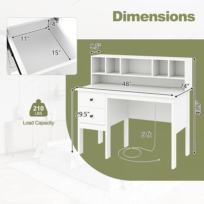 Giantex White Desk with Drawers & Hutch, Home Office Desk with Charging Station, 5 Storage Cubbies, Makeup Vanity Table, Modern Study Writing Desk, PC Laptop Desks, Computer Workstation for Bedroom