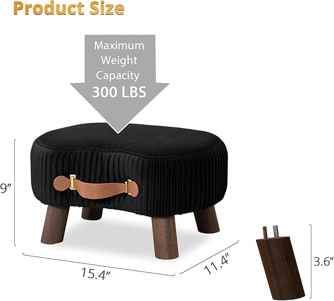 LUE BONA Small Curved Foot Stool with Handle, Black Velvet Footstool and Ottomans, Modern Foot Rest with Wooden Legs, Step Stool with Padded Seat for Couch, Living Room