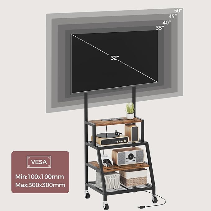 MAHANCRIS Rolling TV Stand with Mount, Corner TV Console with Wheels Up to 50 Inches, Entertainment Center with Storage, Small TV Stand with Power Outlet for Living Room, Rustic Brown TVHR117E01