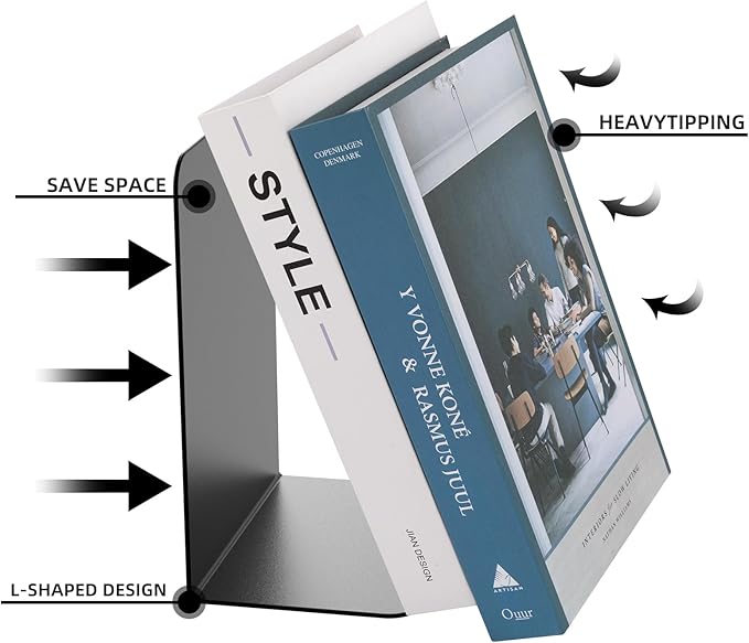 Book Ends, 4 Pieces Metal Bookend for Shelves, Bookends for Heavy Books, Book Holders for Shelves, Desk Organizers, Book Dividers for Office, School, Bookstore, Home