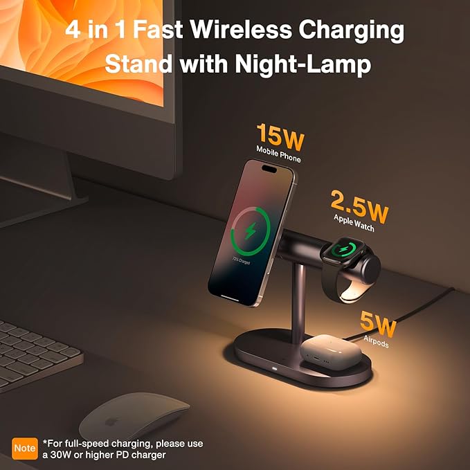 iVANKY 4 in 1 Qi2 Certified Wireless Charger Stand for iPhone 17e, Night Light for MagSafe Charging Station, 25W Charge for iPhone 17/16/15/14/13/12/11 Plus/Pro/Max,Apple iWatch, Airpods Pro 2/3