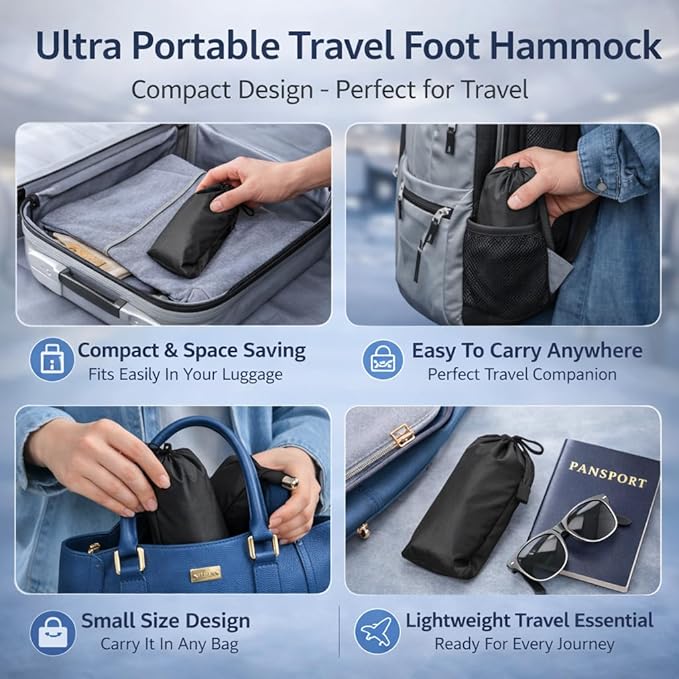 Airplane Foot Hammock for Plane Travel Essentials, Adjustable Foot Rest for Long Flights, Portable Airplane Footrest with Eye Mask & Ear Plugs, 3-in-1 Travel Comfort Kit