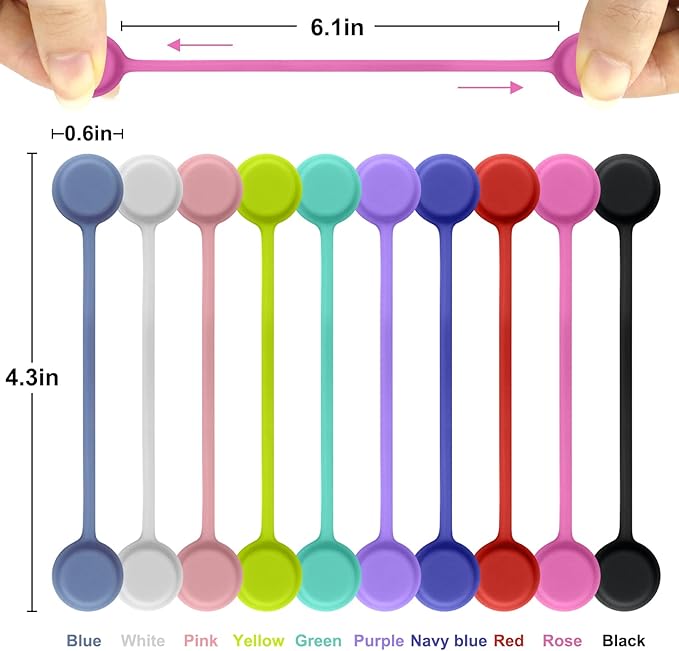 Motiloo Reusable Magnetic Cable Ties, 30 Pcs Strong Snap on Magnetic Cord Ties, Silicone Magnet Twist Tie (10 Colors-30 Pack)