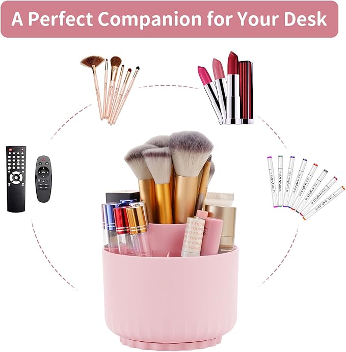 Marbrasse Desk Organizer, 360-Degree Rotating Pen Pencil Holder, Desk Organizers and Accessories with 5 Compartments Pencil Organizer, Art Supply Storage Box Caddy for Office, Home (Pink)