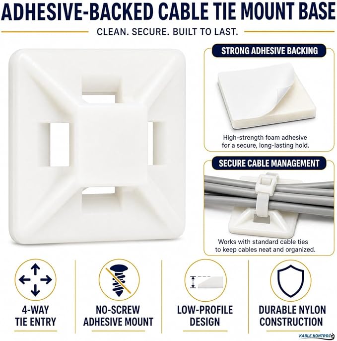Kable Kontrol Zip Tie Mounts, 1/2” Sq, Natural White, 100 Pcs, Adhesive Backed Multi-Purpose Mounting Squares Nylon Cable Tie Wrap Anchor Pads for Cable Management