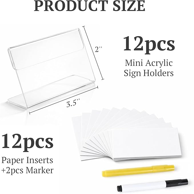EHWINE 12 Pack Clear Acrylic Sign Holders, 3.5 x 2 Inch Slanted L-Shaped Name Tag & Price Label Display Stand for Restaurant Table, Retail Shelf, Office Desk, Trade Show