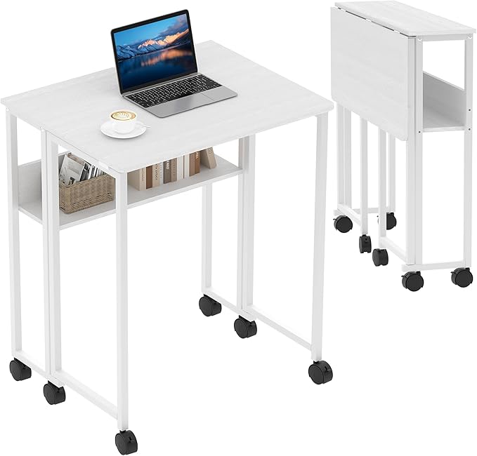 Folding Desk Small Rolling Desk with Storage Shelf,24.8 Inch Foldable Computer Table with Wheels,Portable Office Desk for Small Space Sofa Table,Easy to Fold,Writing Work Office Computer Desk,White