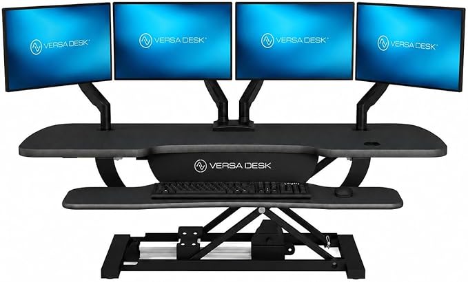 VERSADESK PowerPro 48 Inch Electric Standing Desk Converter – Push-Button Height Adjustable Sit to Stand Desk Riser for Multiple Monitors – Motorized Desktop Workstation with Wide Keyboard Tray, Black
