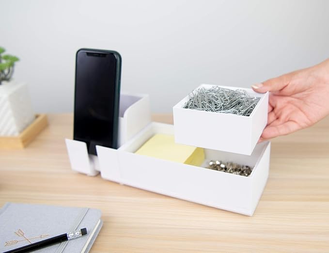 Bostitch Office Konnect Desk Organizer and Charging Station, 2 USB Ports & 2 Plugs, Charges Phones & Tablets, Accessory Tray, 4-Piece Design, White