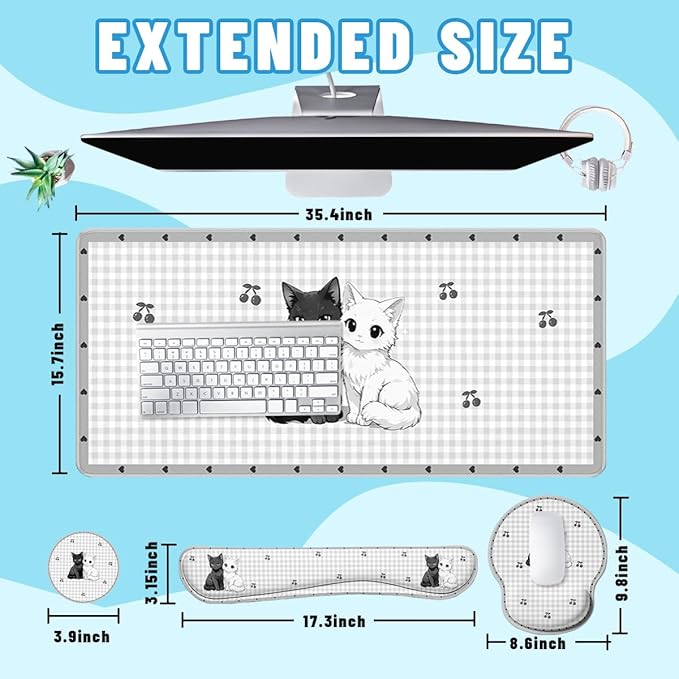 Cute Cat Desk Mat Set Gingham Cherry Cartoon Kitten Large Mouse Pad with Wrist Rest 4in1 Desk Mat for Desktop Ergonomic Computer Desk Arm Wrist Anti-Slip Computer Mouse Pad Home Office Gaming
