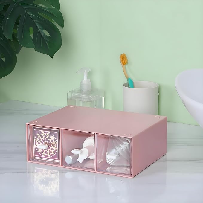 Desktop Drawers, Desk Organizer with 3 Drawers, Stackable Plastic Storage Box for Home Collection, Cosmetics, Jewelry, Office Supplies (1 Tall Layer, Pink)