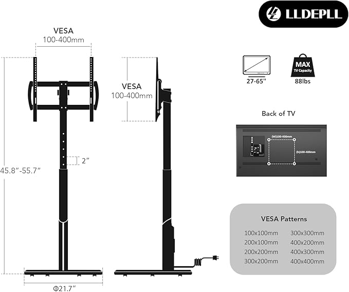 Floor Mobile TV Stand with Power Outlet, Rolling TV Cart for 27-65 Inch OLED LED Monitors, 6 Levels of Height Adjustment, Ambient Lighting on the Bottom Wheels Holds up to 88lbs, 400x400mm