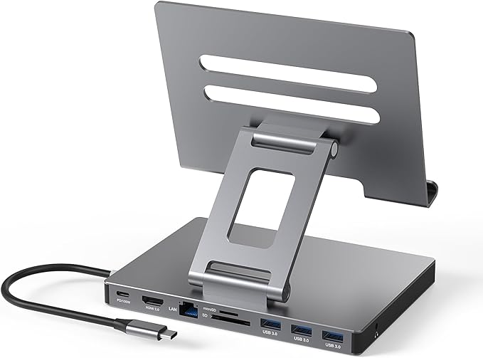 Aluminum Stand with 9-in-1 Type C Dock,100W PD,4K HDMI, Foldable for iPad Pro/Air, All-in-One Docking Station & Adjustable Holder, USB 3.0/Ethernet/SD Reader