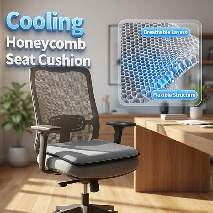 Gel Seat Cushion for Long Sitting, Cooling Seat Cushion, Breathable Honeycomb Design Absorbs Pressure Points Chair Pad for Office Chair, Wheelchair, Car & Truck (2)