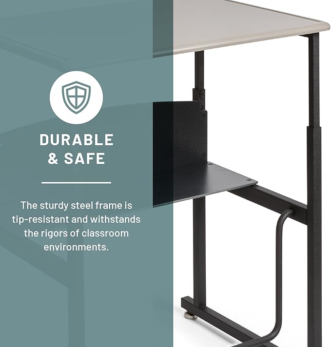 Safco AlphaBetter Student Standing Desk, Adjustable Height with Shelf and Swinging Pendulum Foot Rest, 28" W x 20" D, Gray