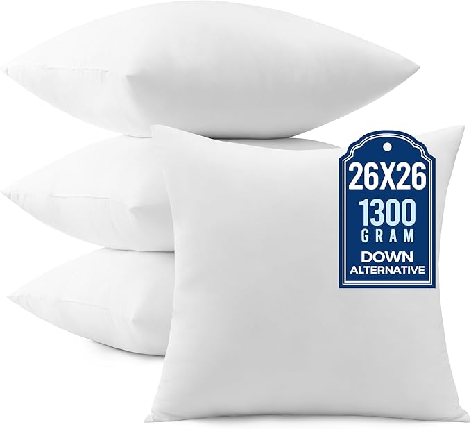 puredown® Euro Pillow Inserts, Pack of 4, 26x26 Inch Fluffy Soft Throw Pillow Inserts Filled with Plump Stuffer, Square Decorative Pillows for Couch, Sofa, Bed and Home Decor