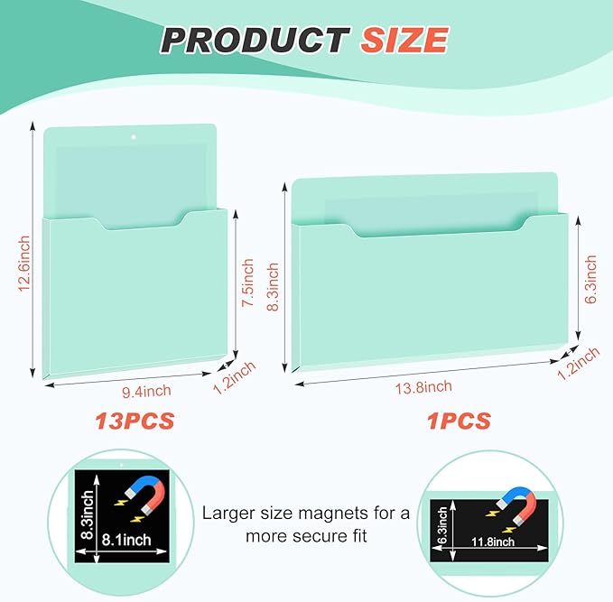 Feifeiya 2 Pcs Magnetic File Folder Wall Hanging Holder Large Pocket Paper Magazine Mail Organizer for Refrigerator Classroom Locker Whiteboard(Mixed,Mint Green,13.8 x 8.3 Inches,12.2 x 9.4 Inches)