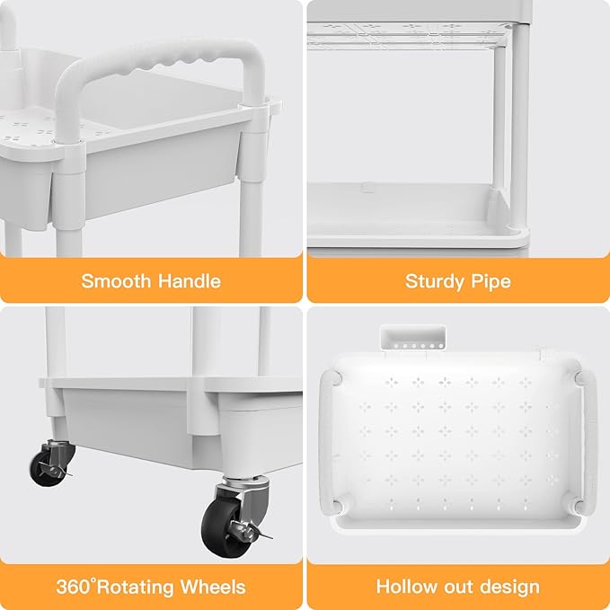 3 Tier Rolling Utility Cart with Handle,REBECAT Utility Cart Made of Multifunctional Storage Organizer Tool for Kitchen,Bathroom,Living Room,Office(White)
