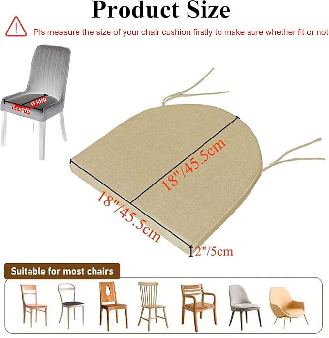 18x18 Inch Chair Pads for Dining Chairs Set of 2 with Ties Non Slip Washable Seat Cushion with Zipper Indoor Round Back Chair Cushions for Kitchen, Khaki
