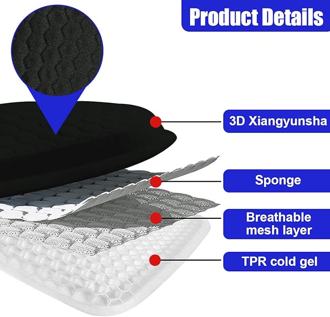 Gel Car Seat Cushion, Non-Slip & Breathable Automotive Chair Protector Pad, Comfortable Cooling Car Interior Seat Mat Accessories Universal for Sedans, SUV, Truck (Black)