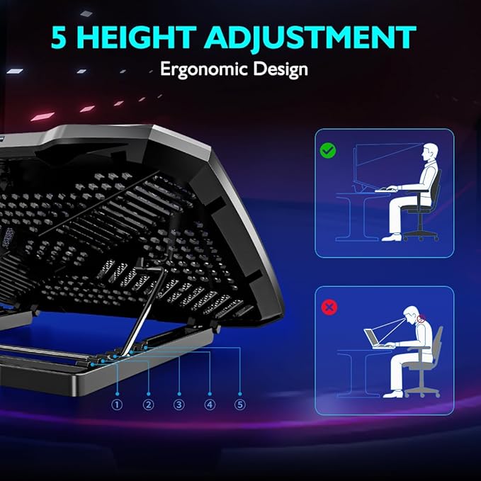AIMIUZI Laptop Cooling Pad Laptop Cooler Stand, Laptop Fan Cooling Pad for 12-15.6 Inch Laptop Notebooks, 5 Quiet Fans, 5 Angle Adjustable Laptop Cooling Stand (Black)