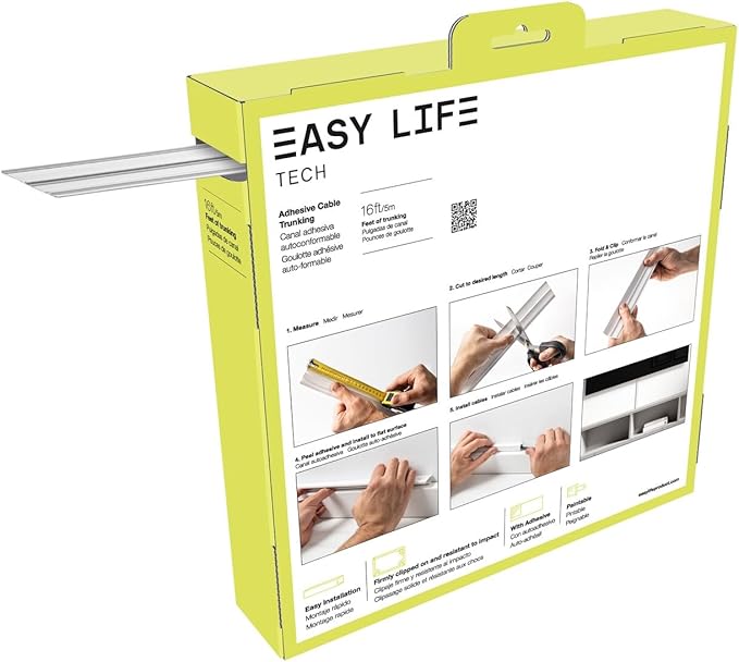 Easylife Tech Paintable Cable Raceway Cord Management Kit 16 ft Self‑Adhesive Cord Concealer for Organizing and Hiding Wires Cable Trunking Raceway for Home, Office & Entertainment Systems
