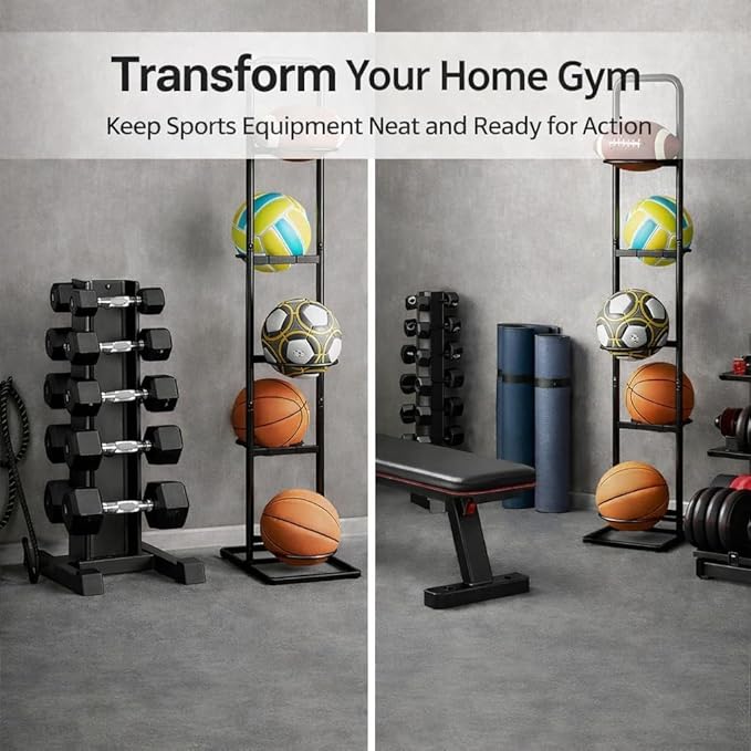 Vertical Ball Rack -basketball rack- Durable Carbon Steel Storage for Basketball, Soccer, Volleyball, and More - Easy to Assemble, Waterproof, Sturdy - 56.7" H