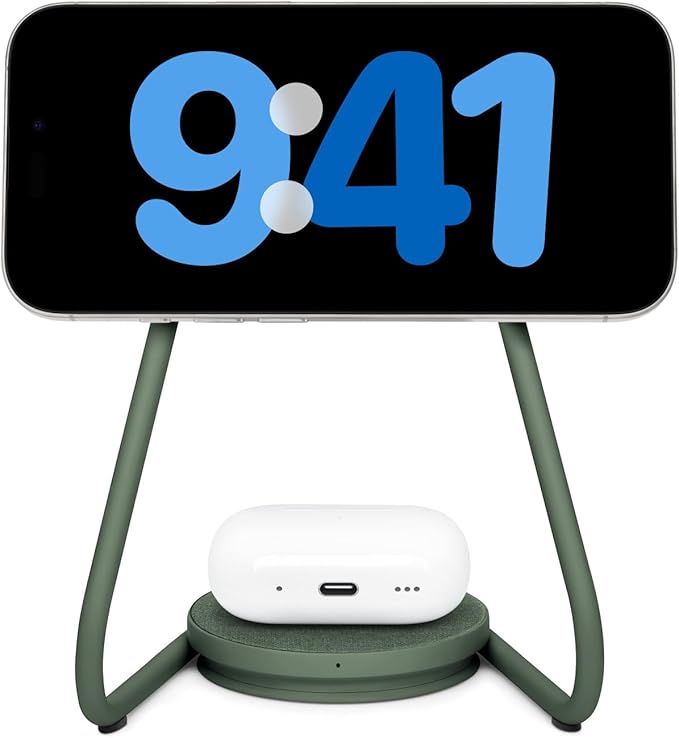 COURANT MAG:2 Wireless Charging Stand - Belgian Linen, 2 in 1 Multi-Device Charger - Magnetic Stand for MagSafe iPhones 16, 15, 14, 13, 12 with Charging Base for AirPod Cases, (Forest)